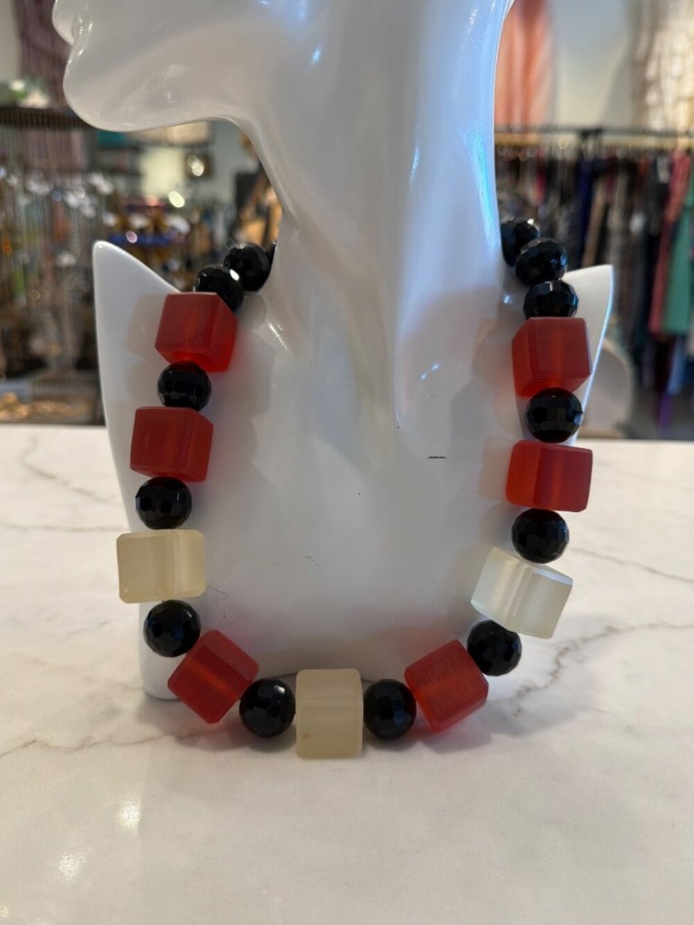 Chunky Beaded Statement Necklace Black Red Cream